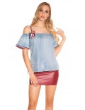 Light blue denim top with straps and brooch