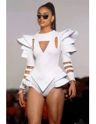 Futuristic White Bodysuit with Voluminous Details