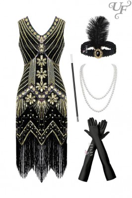 Gatsby Girl Costume (dress, gloves, headband, necklace, cigarette holder)