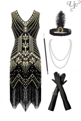 Gatsby Girl Costume (dress, gloves, headband, necklace, cigarette holder)