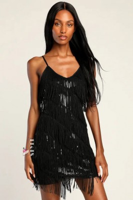 Black Glitter Dress with Fringe X5585