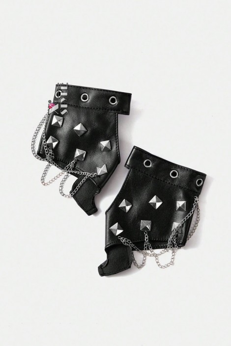 Women's Faux Leather Fingerless Gloves with Chains and Studs C1186 (601186)