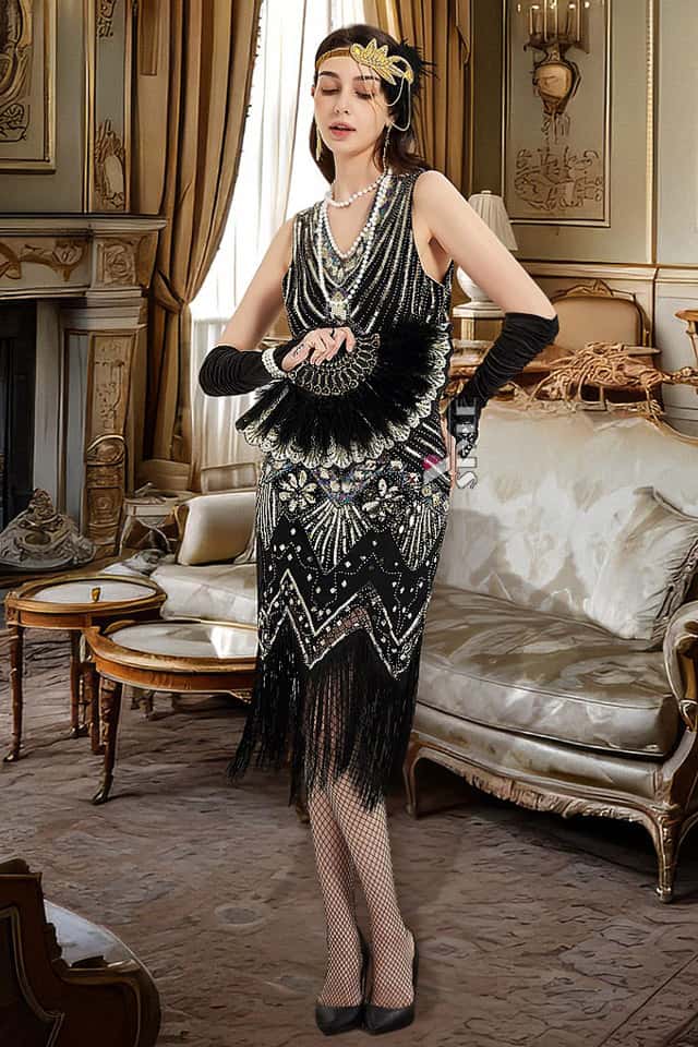 Gatsby Girl Costume (dress, gloves, headband, necklace, cigarette holder), 7