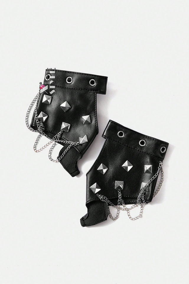 Women's Faux Leather Fingerless Gloves with Chains and Studs C1186