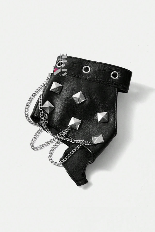 Women's Faux Leather Fingerless Gloves with Chains and Studs C1186, 5