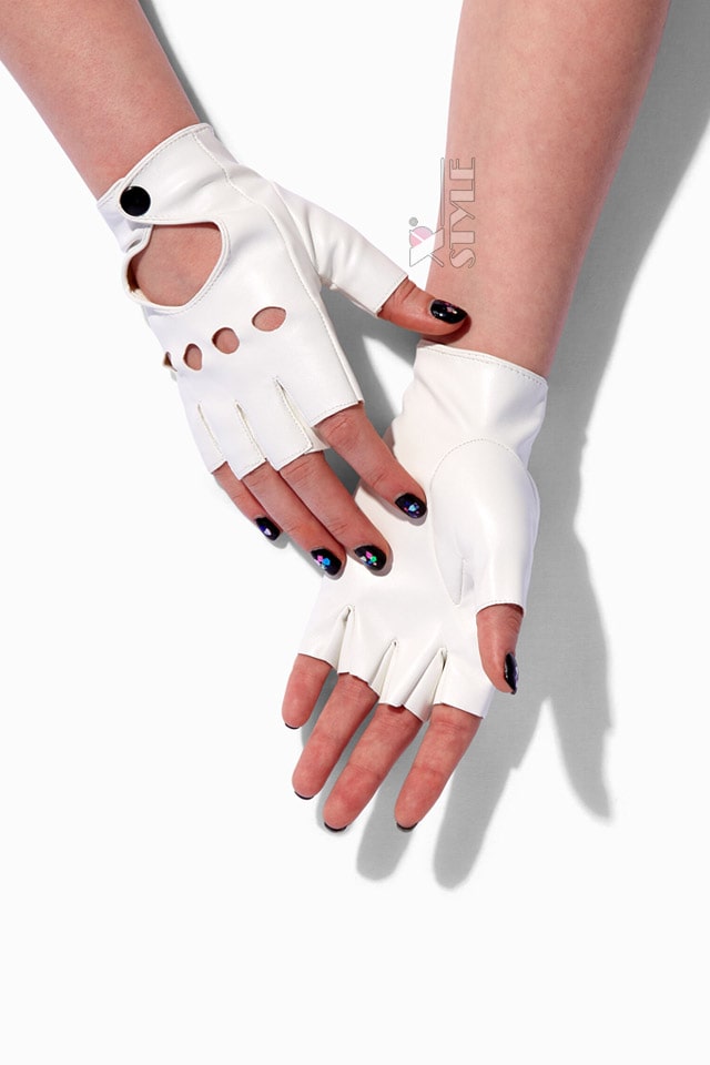 White Faux Leather Fingerless Gloves X208, 3