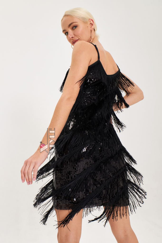 Black Glitter Dress with Fringe X5585, 3