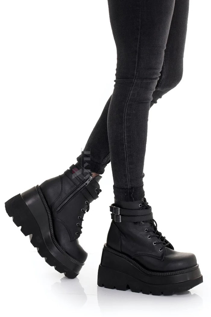 SHAKER PU Leather Black High Platform Boots, 5