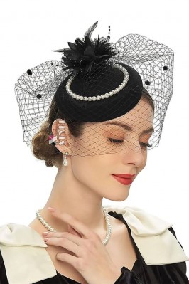 Black Evening Hat with Veil and Pearls